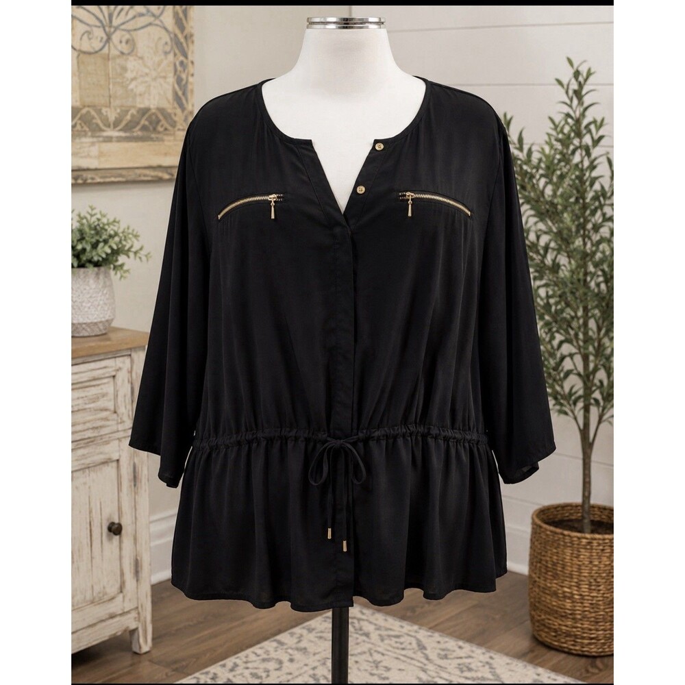 Lane Bryant 26/28 Black Tunic Blouse Gold Zipper Drawstring Plus Size 26/28